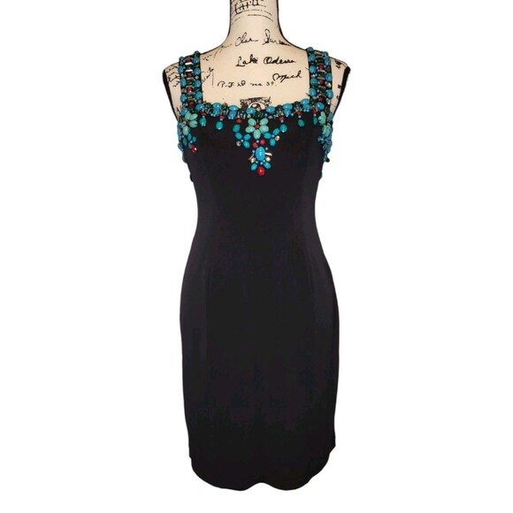 Boston Proper Muse Beaded Bodycon Mini Dress Sz 6 Black Turquoise Sexy Cocktail - Picture 1 of 5